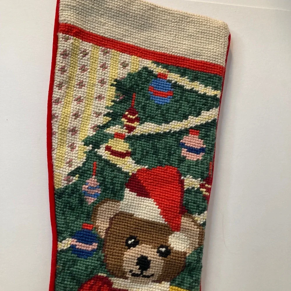 Vintage Imperial Elegance Wool Needlepoint Christmas Stocking Bear Tree‎ Red 20
